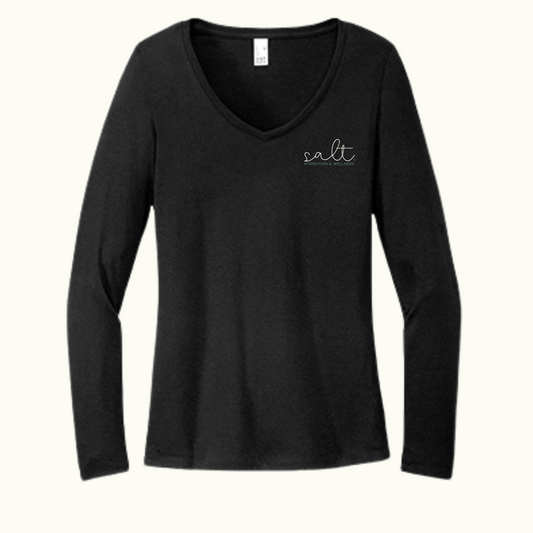 Black V-Neck Long Sleeve Tee with Script Logo