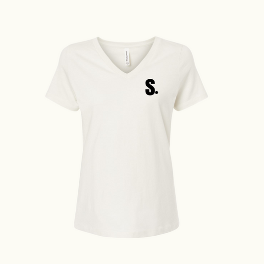 Cream V-Neck Tee with Bold Logo